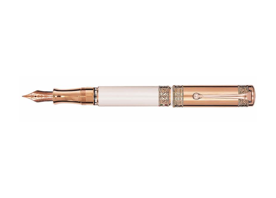 Aurora Dante Paradiso with White lacquer. Rose gold plated grip section and metal cap. 18 Kt. Fountain Pen
